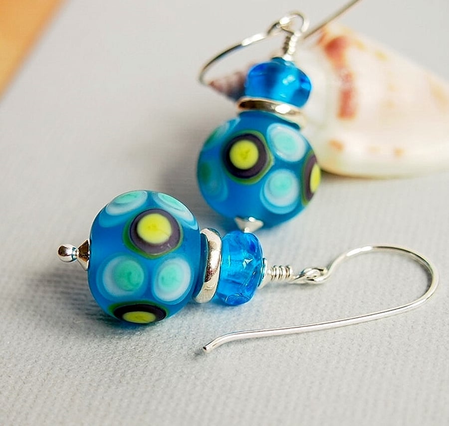 Turquoise Glass Bead Earrings, Etched, Blue, Artisan Lampwork, Sterling Silver 