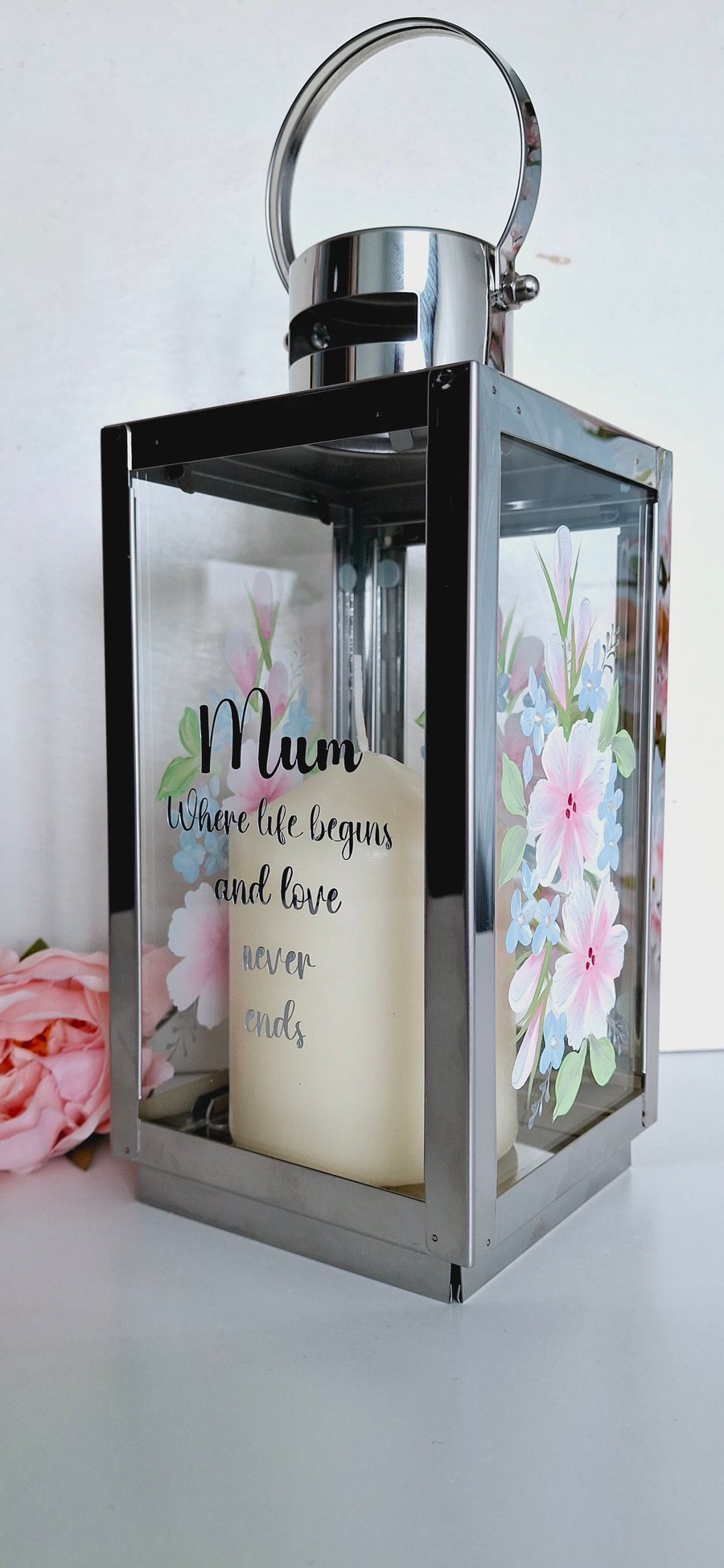 Mothers Day Lantern Gift, Hand Painted Pink Floral Candle Lantern with Quote