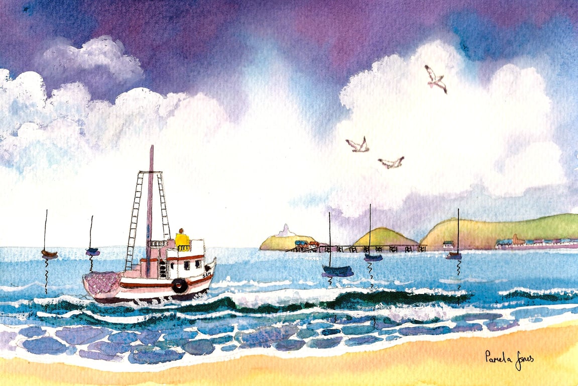 Fishing Boat, Mumbles, Watercolour Print, in 14 x 11 '' Mount
