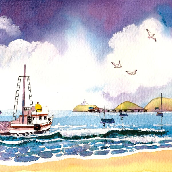 Fishing Boat, Mumbles, Watercolour Print, in 14 x 11 '' Mount