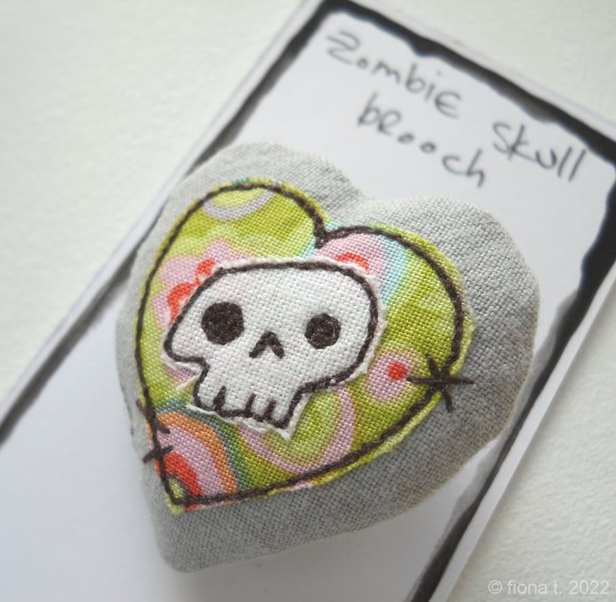 freehand embroidered skull heart textile brooch