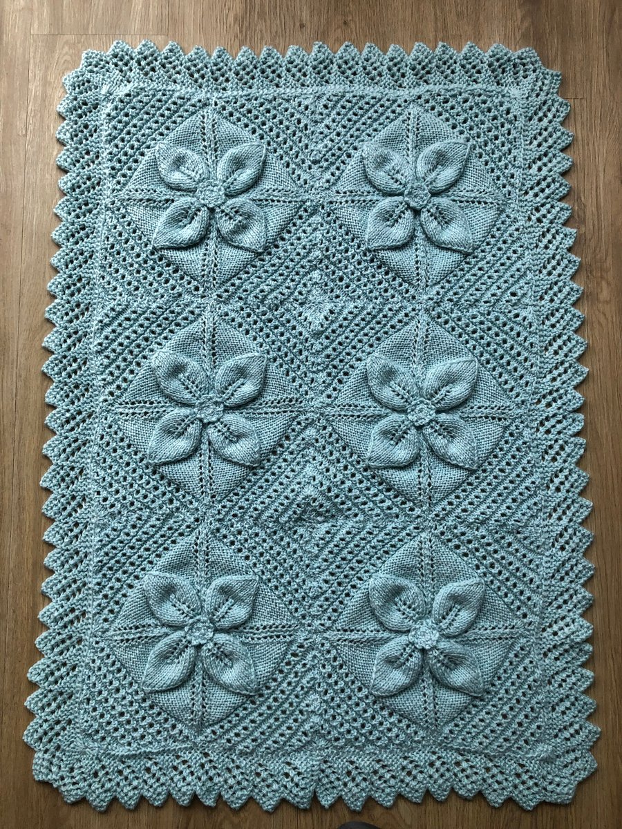 Hand Knitted Pretty Pale Blue Aran Flower Blanket