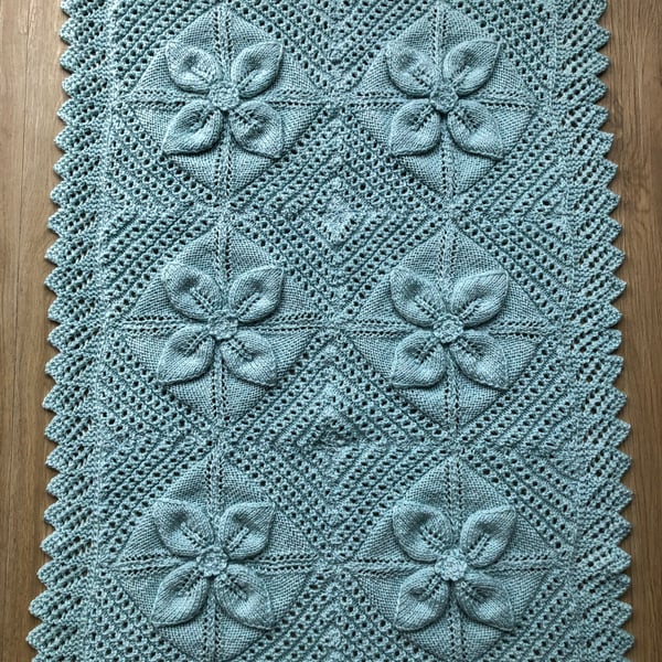 Hand Knitted Pretty Pale Blue Aran Flower Blanket