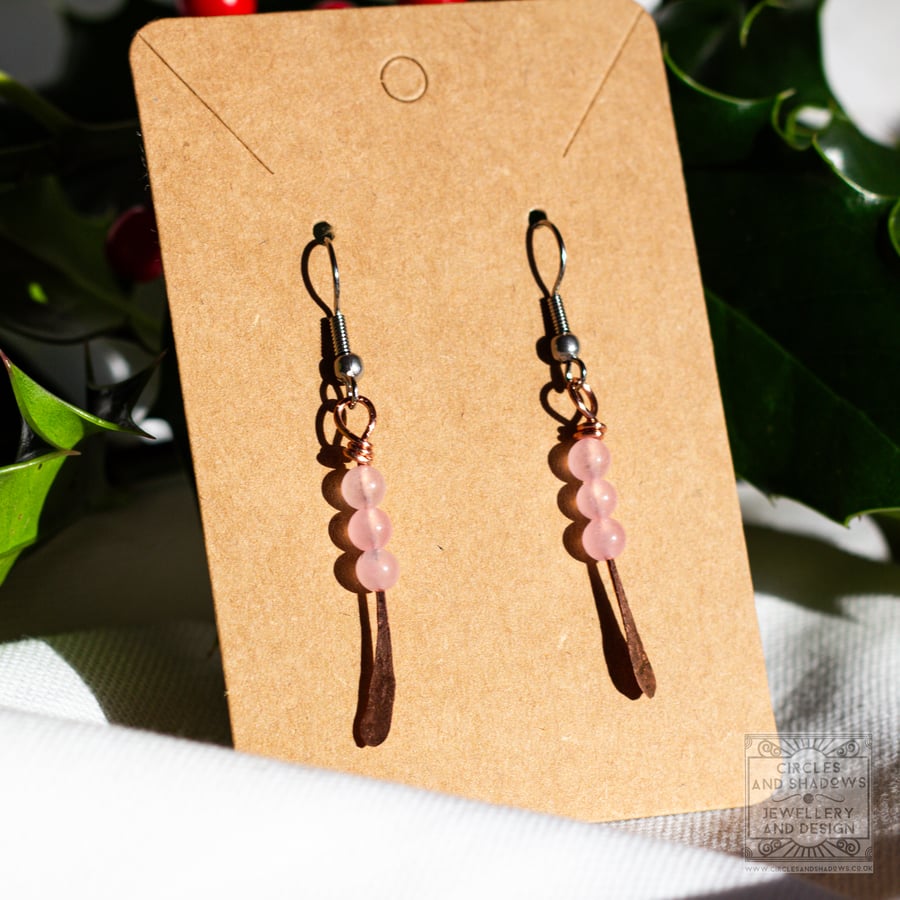 Rose Quartz Beads and Copper Drop Earrings