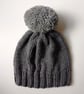 Bobble Hat in Grey Chunky Yarn with Light Grey Pom Pom - Image 3