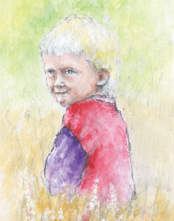 watercolour print of a child on the southdowns, a sussex wheatfield