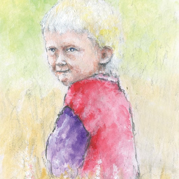 watercolour print of a child on the southdowns, a sussex wheatfield