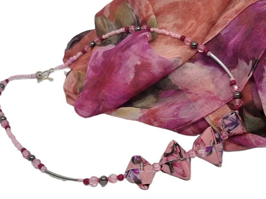 Necklace and earrings set - pink floral paper and assorted beads 