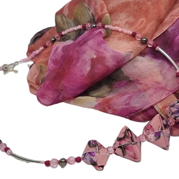 Necklace and earrings set - pink floral paper and assorted beads 
