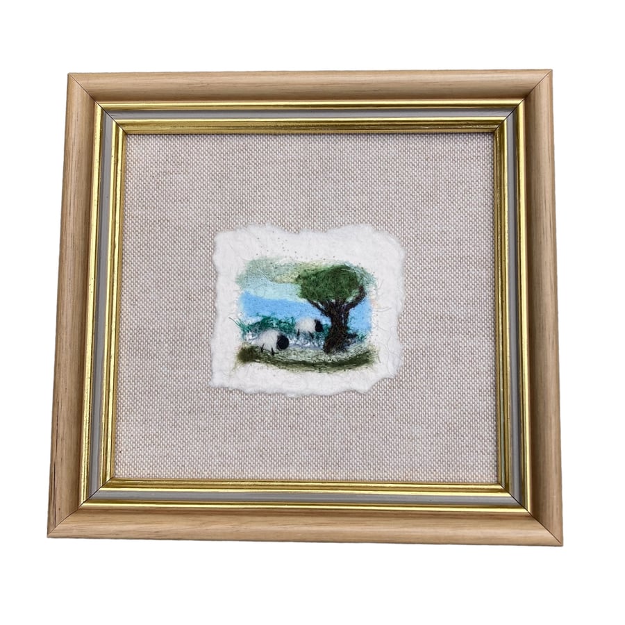 Miniature silk and wool picture on cotton with linen backing, framed