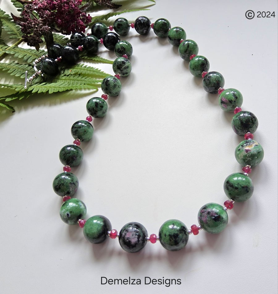 Designer Ruby Zoisite & African Faceted Ruby Sterling Silver Necklace