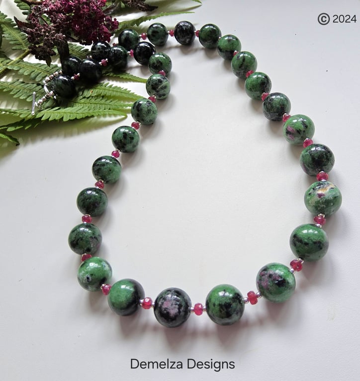 Designer Ruby Zoisite & African Faceted Ruby Sterling Silver Necklace
