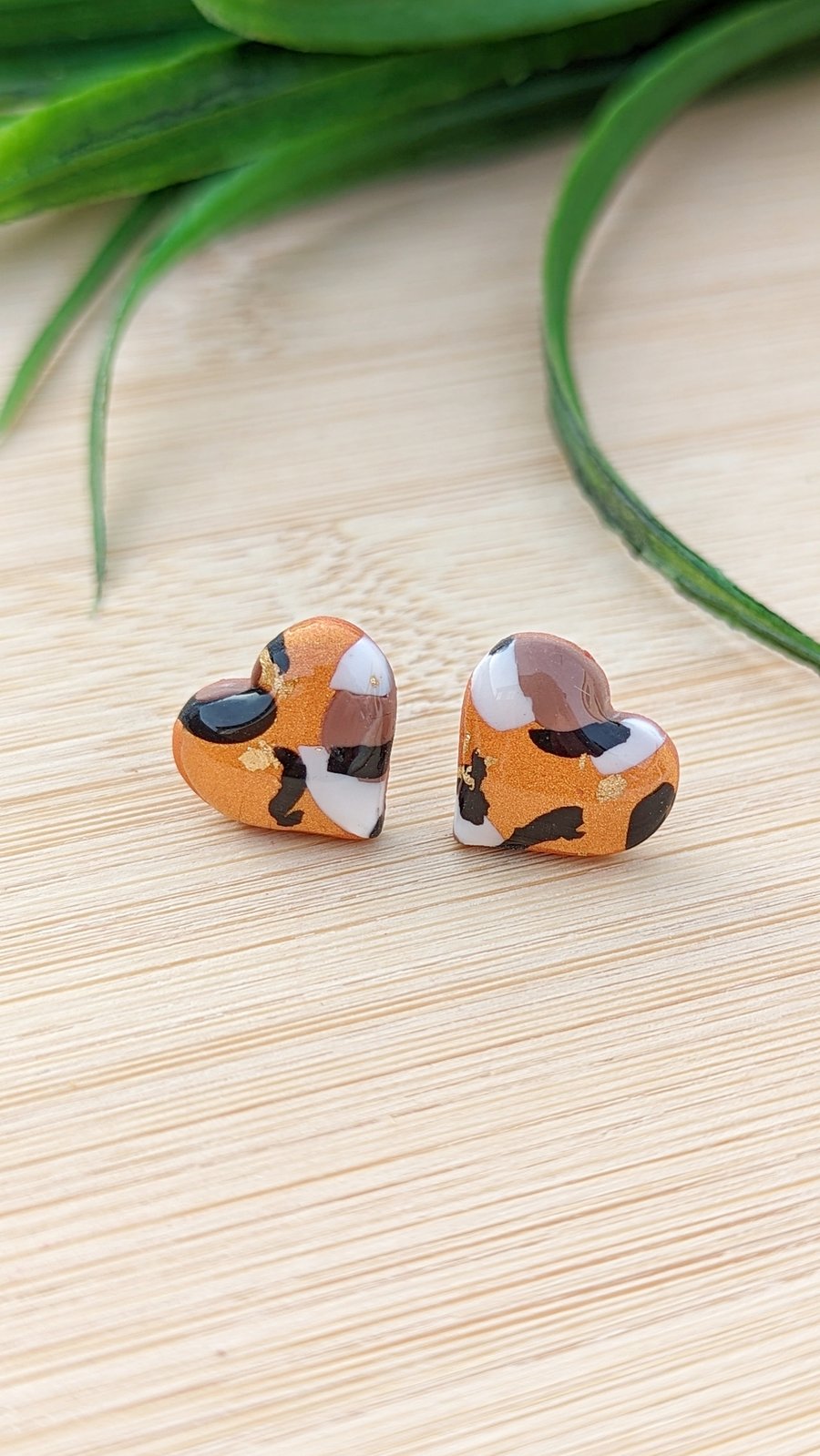 Metallic Copper Heart Leopard Studs