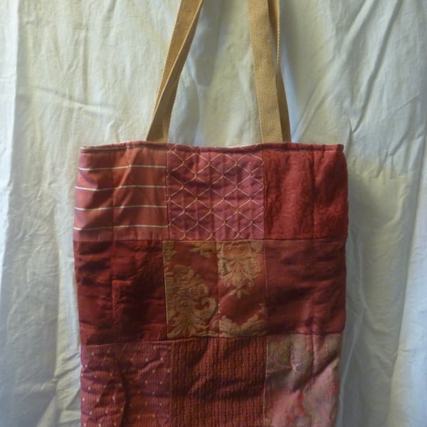 Red Designer Fabric Tote Bag Luxery Patchwork Padded Quited Lined Pocket Zip