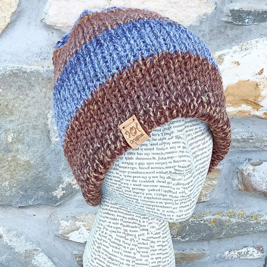 Reversible Hat. Striped Hat. Beanie. Slouchy. Knitted Hat. Wool Hat. Brown Hat.