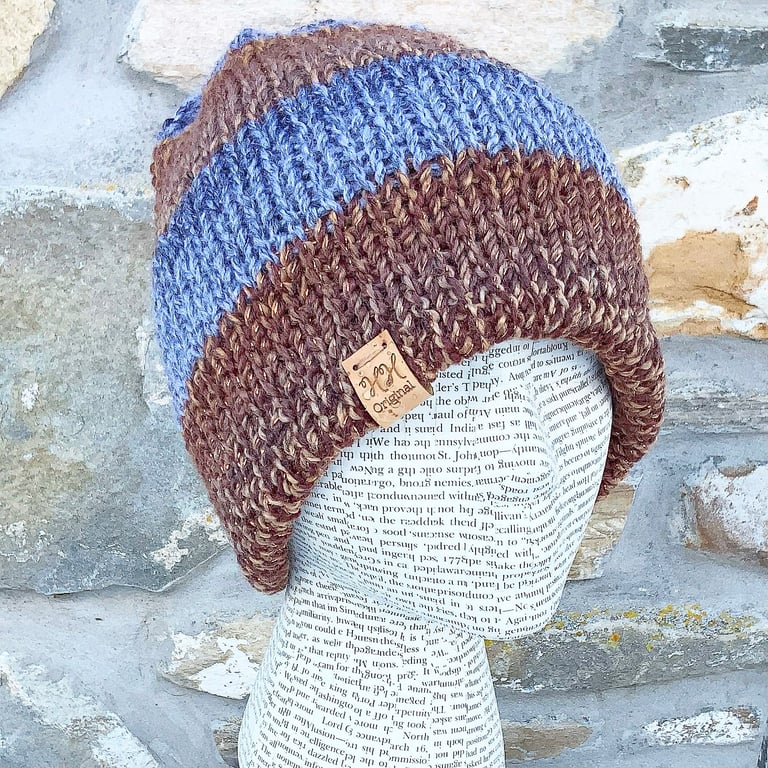 Reversible Hat. Striped Hat. Beanie. Slouchy. Sparkling Hat. Wool Hat. Brown Hat