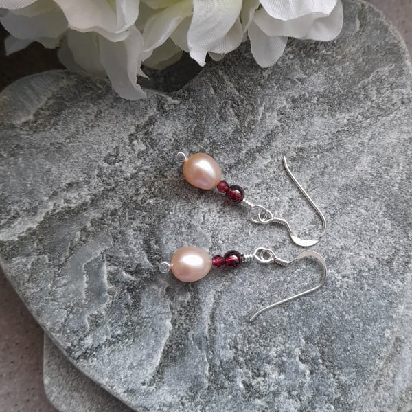 Pink Peach Cultured Pearl Garnet Sterling Silver Earrings