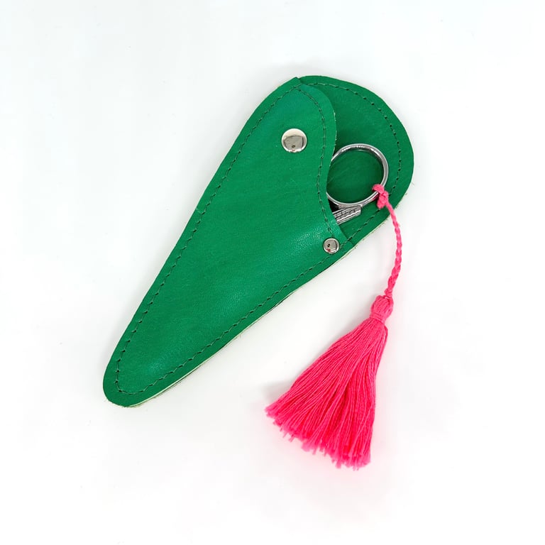 Embroidery scissor case, genuine green leather, riveted scissor holder.     