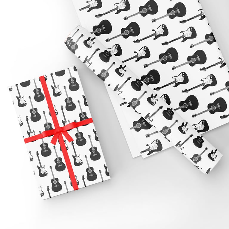 Gift Wrap Guitar Design & Matching Tag-Black-White Gift Wrapping Paper-Tag LG27