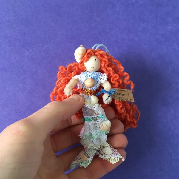 Tiny Mermaid Doll Hanging Decoration, Orange, Sea Themed Mermaid Gift