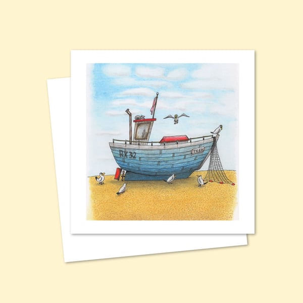 Seaside Fishing Boat Greeting Card - Hand Drawn Beach Life Illustration (809)