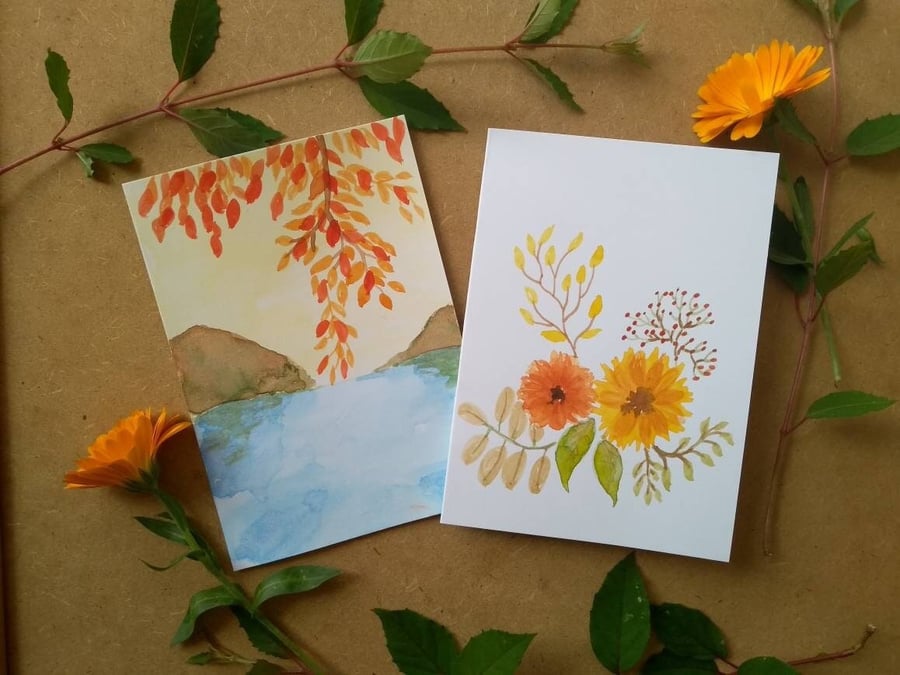 Set of 2 Handmade Original Watercolour Autumn Greetings Cards Note Cards 