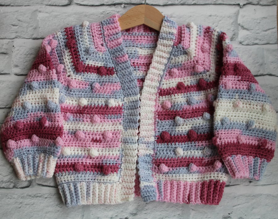 Bobble Cardigan - Toddler Girl 1-2 years - Crochet Cardigan - Pink and Grey