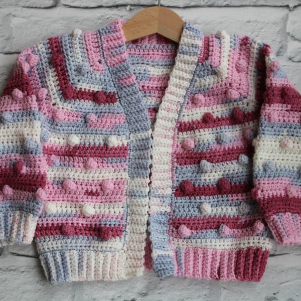 Bobble Cardigan - Toddler Girl 1-2 years - Crochet Cardigan - Pink and Grey