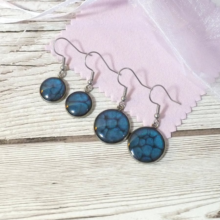 Deep blue enamel and resin dangle earrings, colourful summer earrings for women
