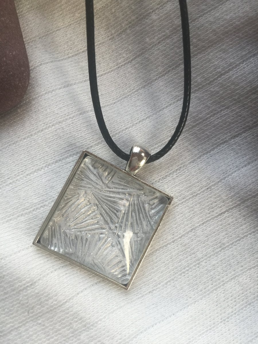 Art Deco Inspired Silver Square Cabochon Effect Pendant With Cord Necklace