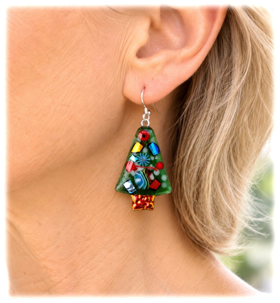Christmas Tree Earrings Fused Glass Handmade Decorative Sterling Silver hooks