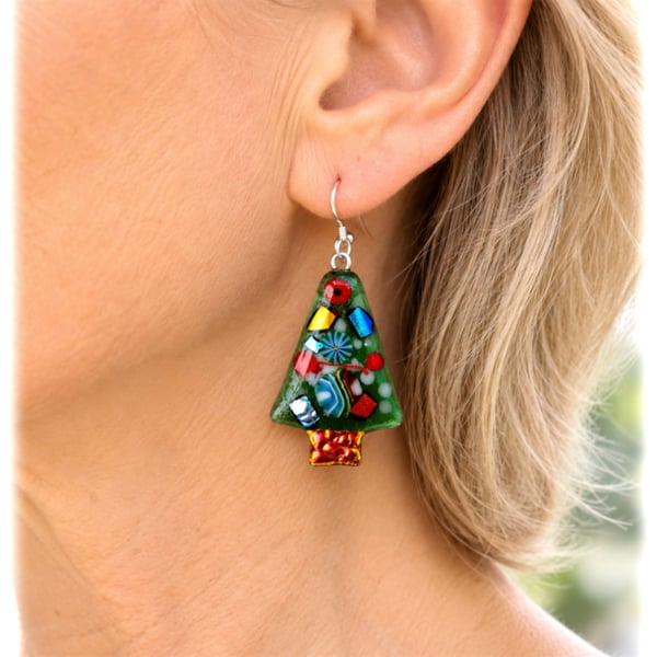 Christmas Tree Earrings Fused Glass Handmade Decorative Sterling Silver hooks
