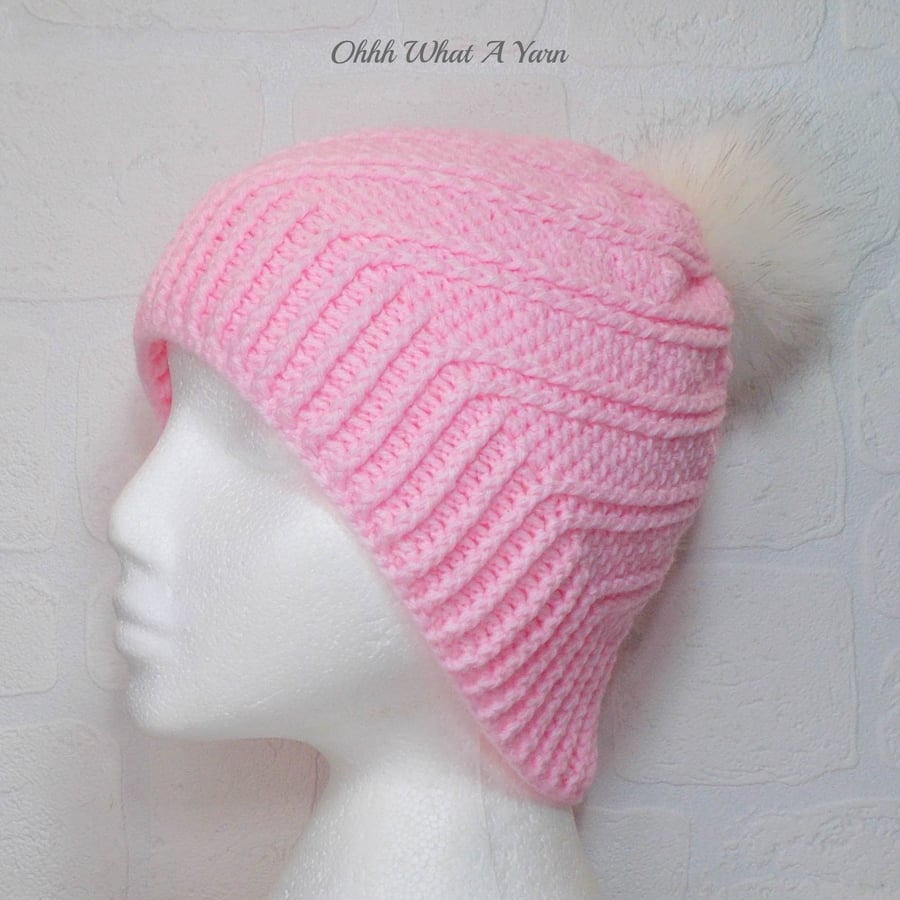 Crochet hat, beanie. Pastel pink ladies swirl pom pom hat. Ladies hat.