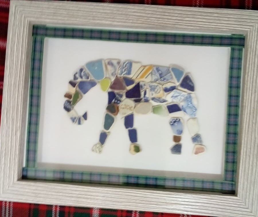 Beach pottery elephant, framed Scottish sea pottery mosaic coastal wall art