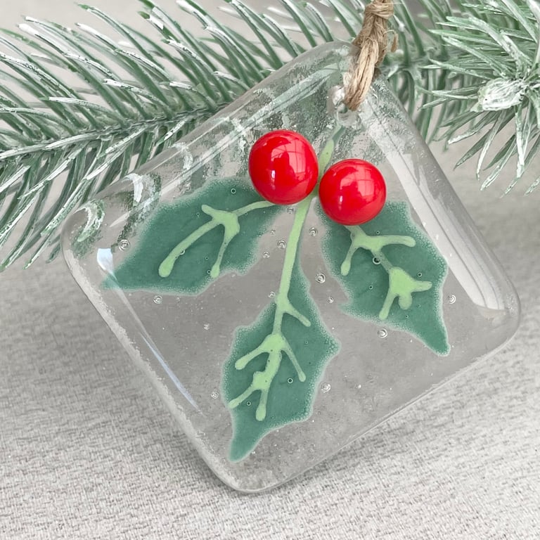 Holly Berry - glass Christmas tree decoration - square