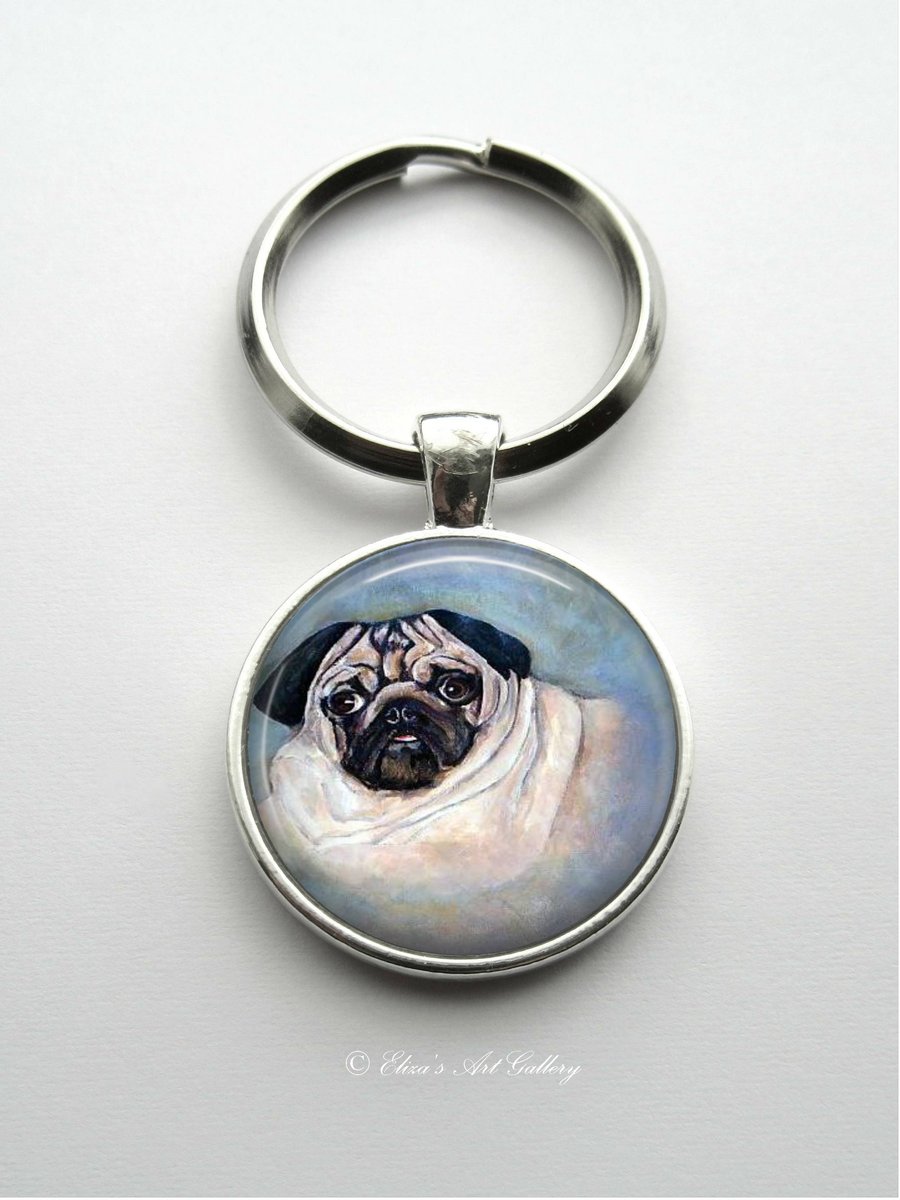 Silver Plated Pug Dog Art Cabochon Keyring
