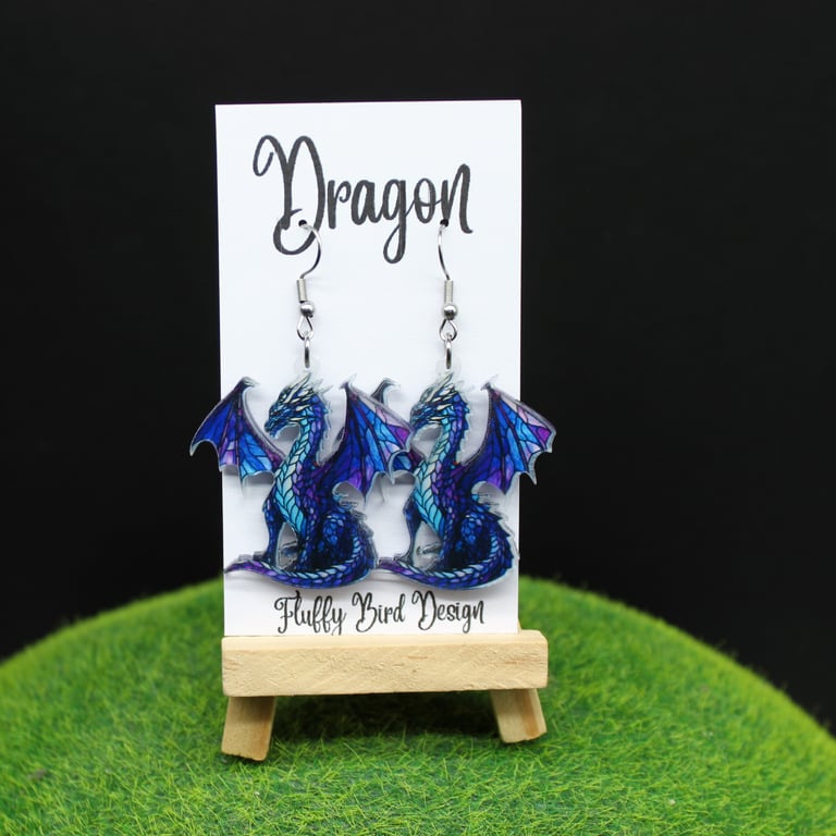 Shimmering Blue Dragon Earrings – Fantasy Acrylic Dangles for Bold Souls