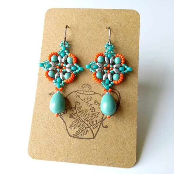 Jade Turquoise and Orange Faux Pearl Earrings