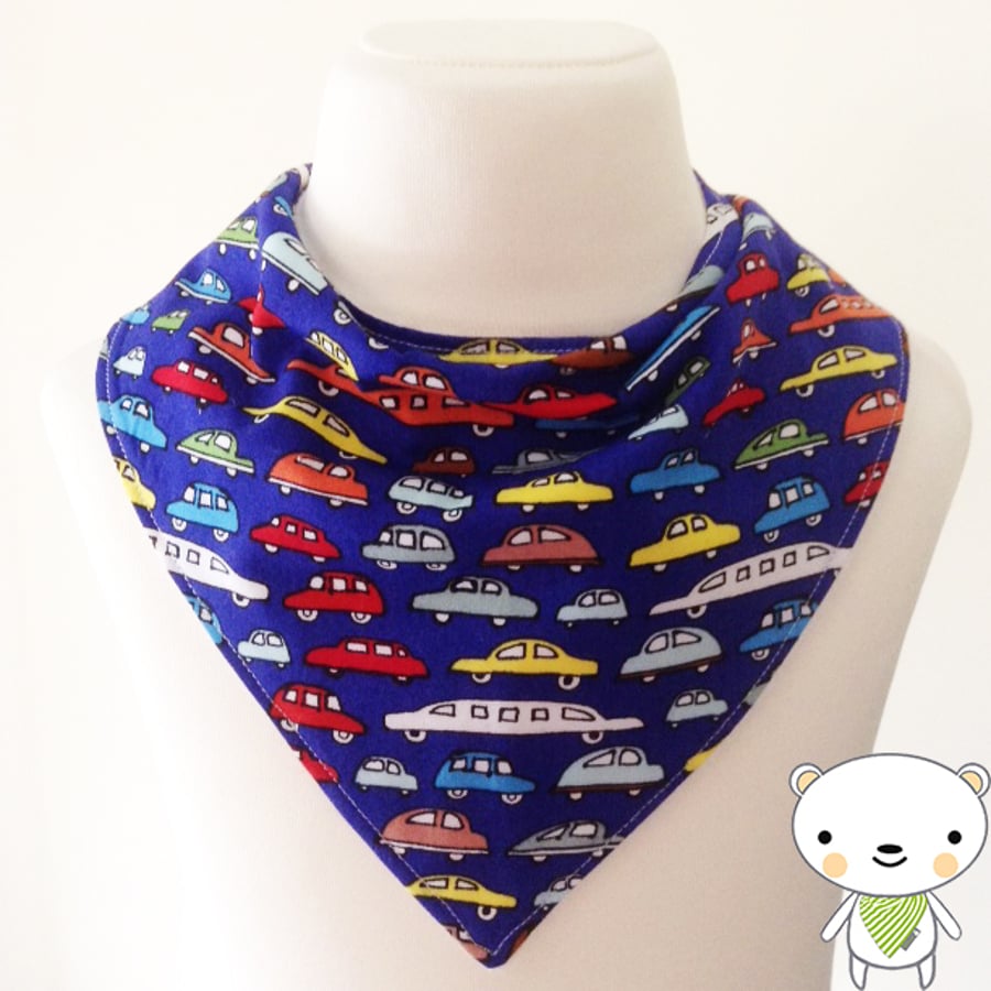 BellaOski BANDANA DRIBBLE BIB MULTI CARS on Blue Fabric HANDMADE BABY GIFT IDEA