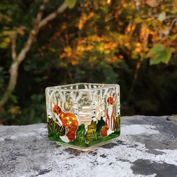 Hand painted glass candle holder, foxes in the woods 