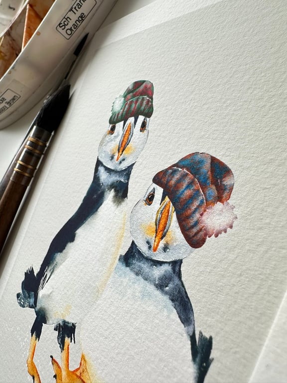 Watercolour Print Puffins Fluff and Puddle Wrap Up (With Background) - Signed