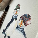 Watercolour Print Puffins Fluff and Puddle Wrap Up (With Background) - Signed