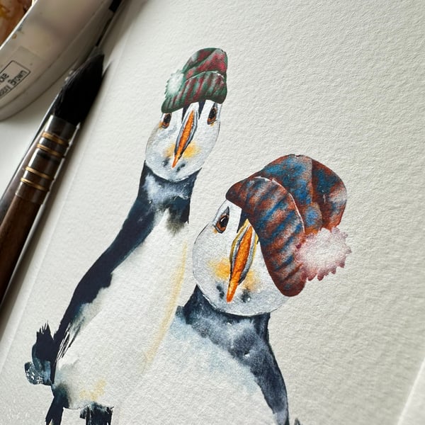Watercolour Print Puffins Fluff and Puddle Wrap Up (With Background) - Signed