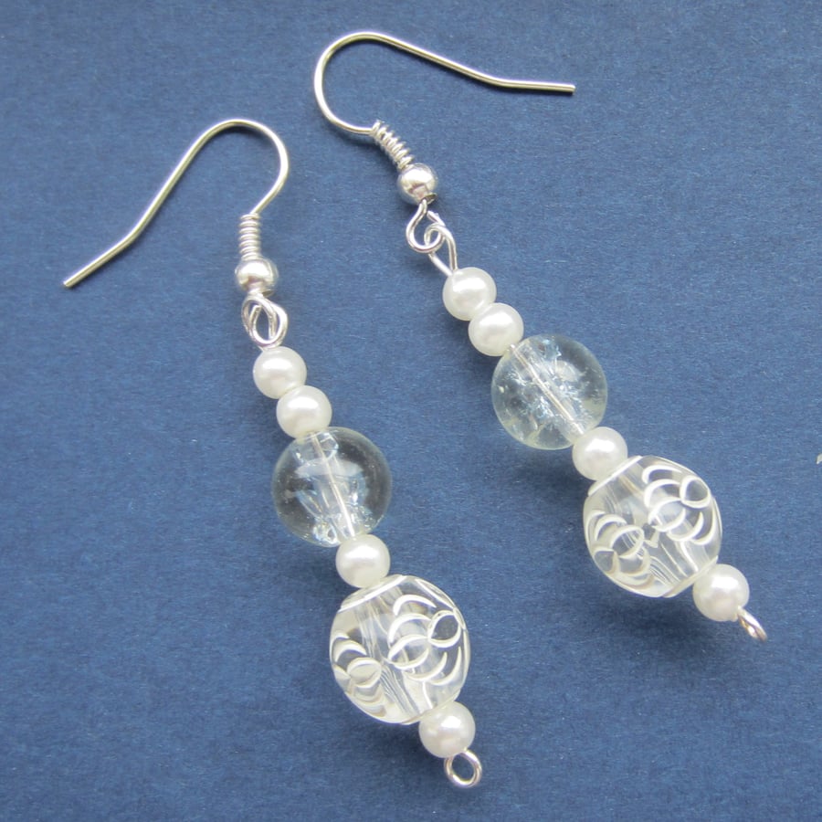 White and Pearl Effect Drop Bead Earrings