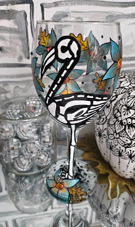 Skellymingo wine glass- handpainted skeleton flamingo with pumpkin floral design
