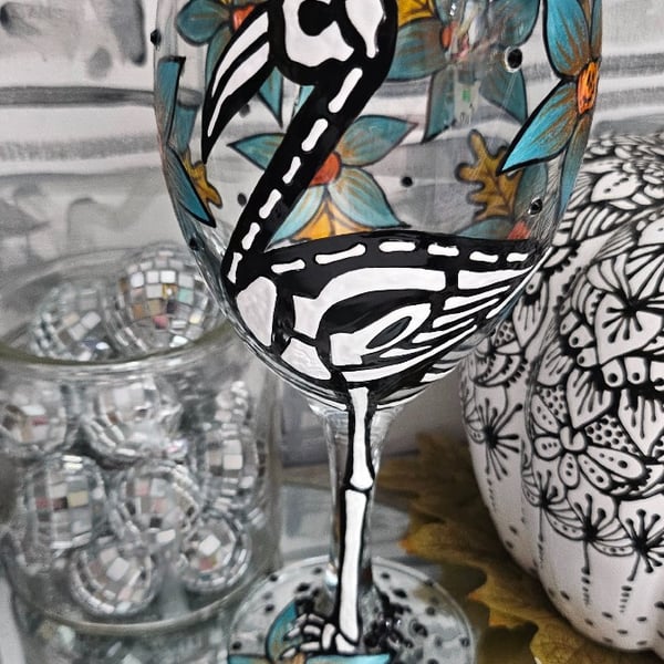 Skellymingo wine glass- handpainted skeleton flamingo with pumpkin floral design