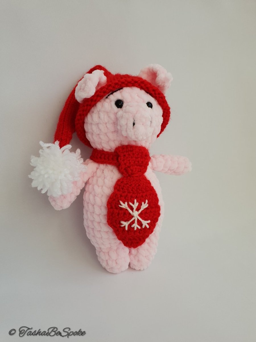 Handmade crochet piglet in a red hat, Handmade gift, Christmas gift