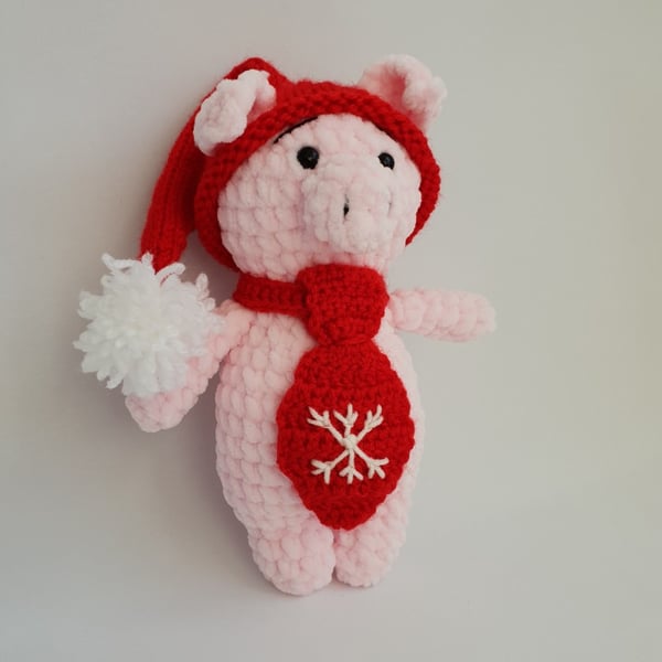 Handmade crochet piglet in a red hat, Handmade gift, Christmas gift