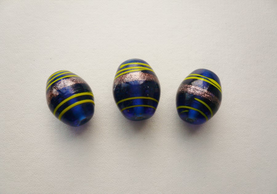 3 Blue Oval Indian Lampwork Beads