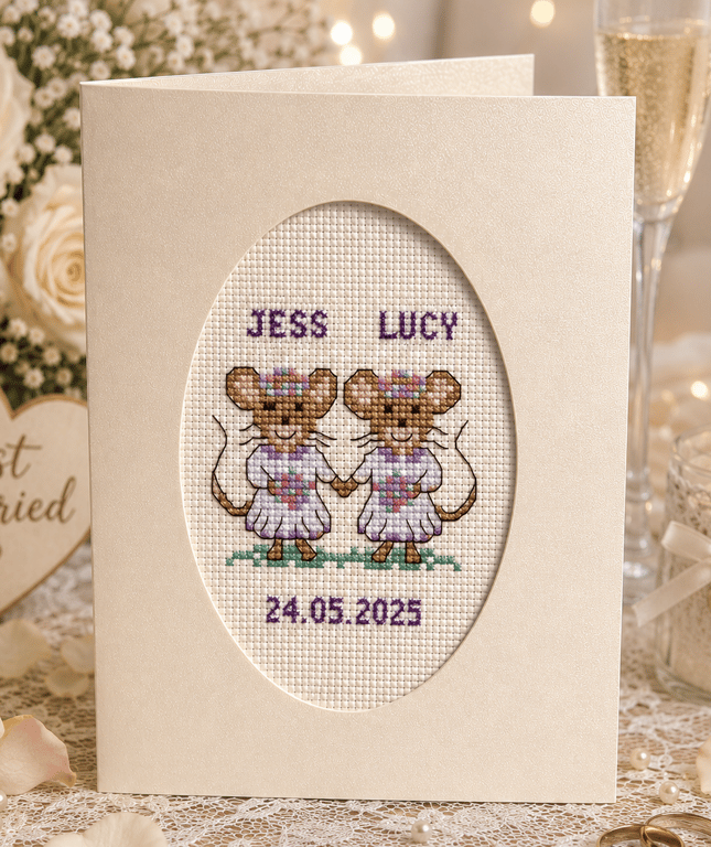 Personalised Lesbian Wedding Card, Handmade Cross Stitch, Bride & Bride Mice